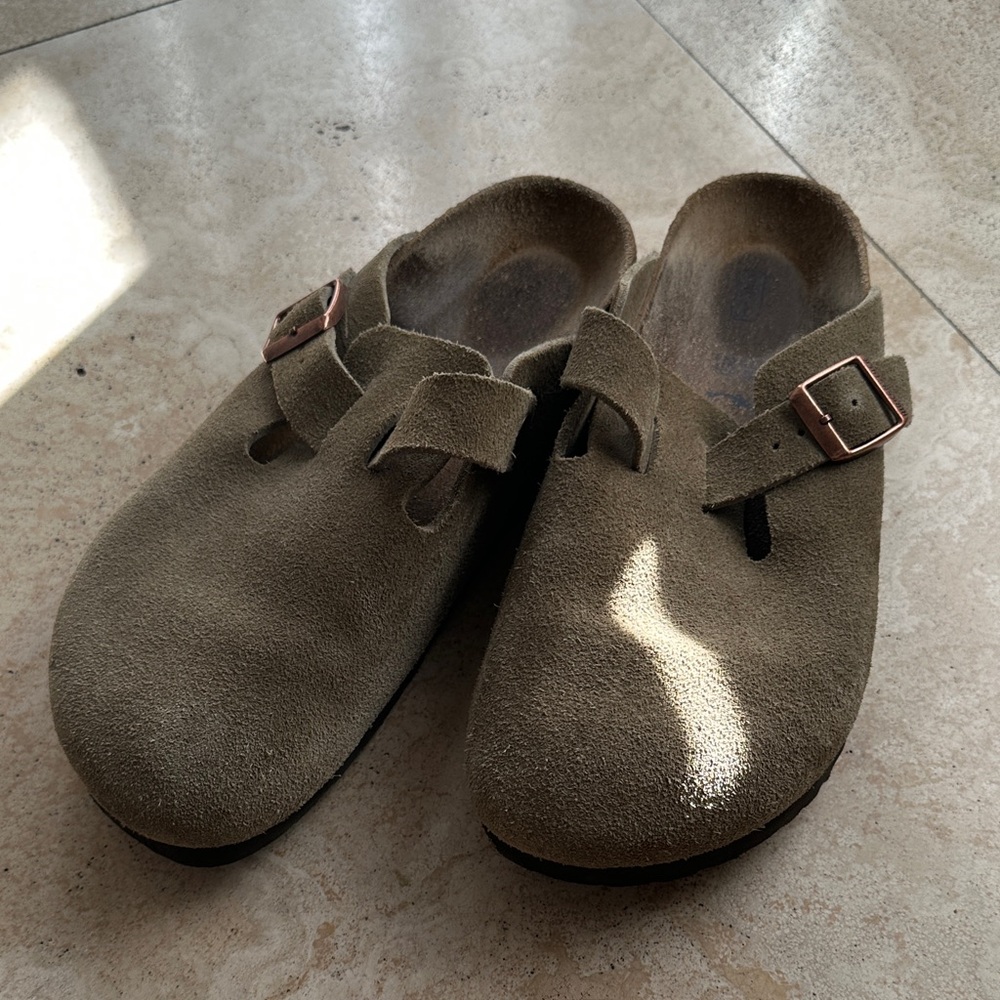 Birkenstock Taupe Suede Mules with Buckle